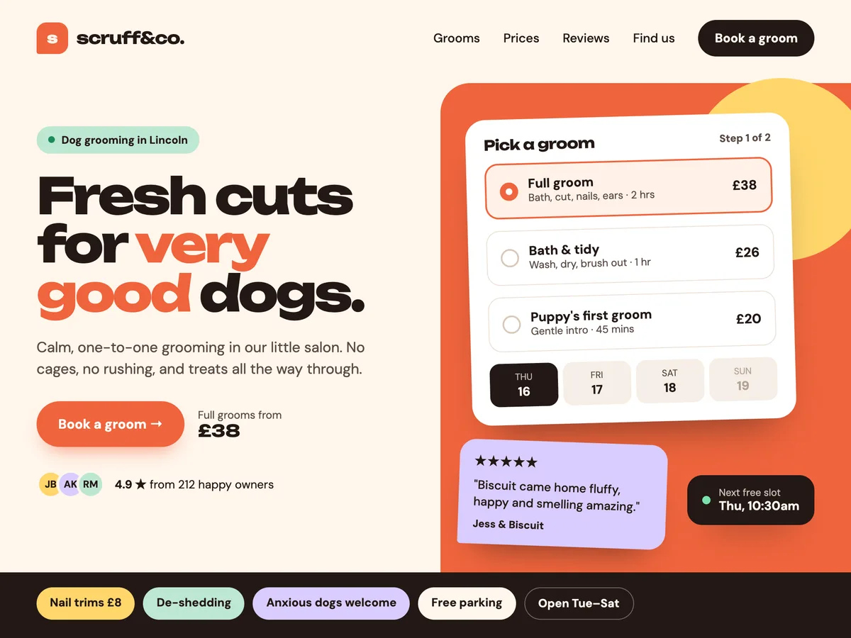 A finished website for a dog grooming salon, shown on a tablet
