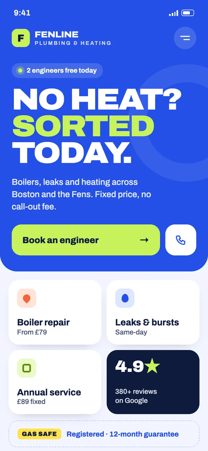 A finished website for a plumbing and heating business, shown on a phone