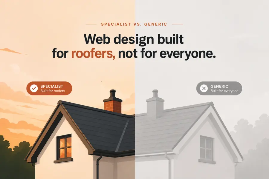 Specialist vs. generic: web design built for roofers, not for everyone — split comparison graphic