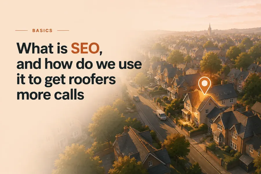 What is SEO, and how do we use it to get roofers more calls — aerial view of a UK residential street with one house highlighted