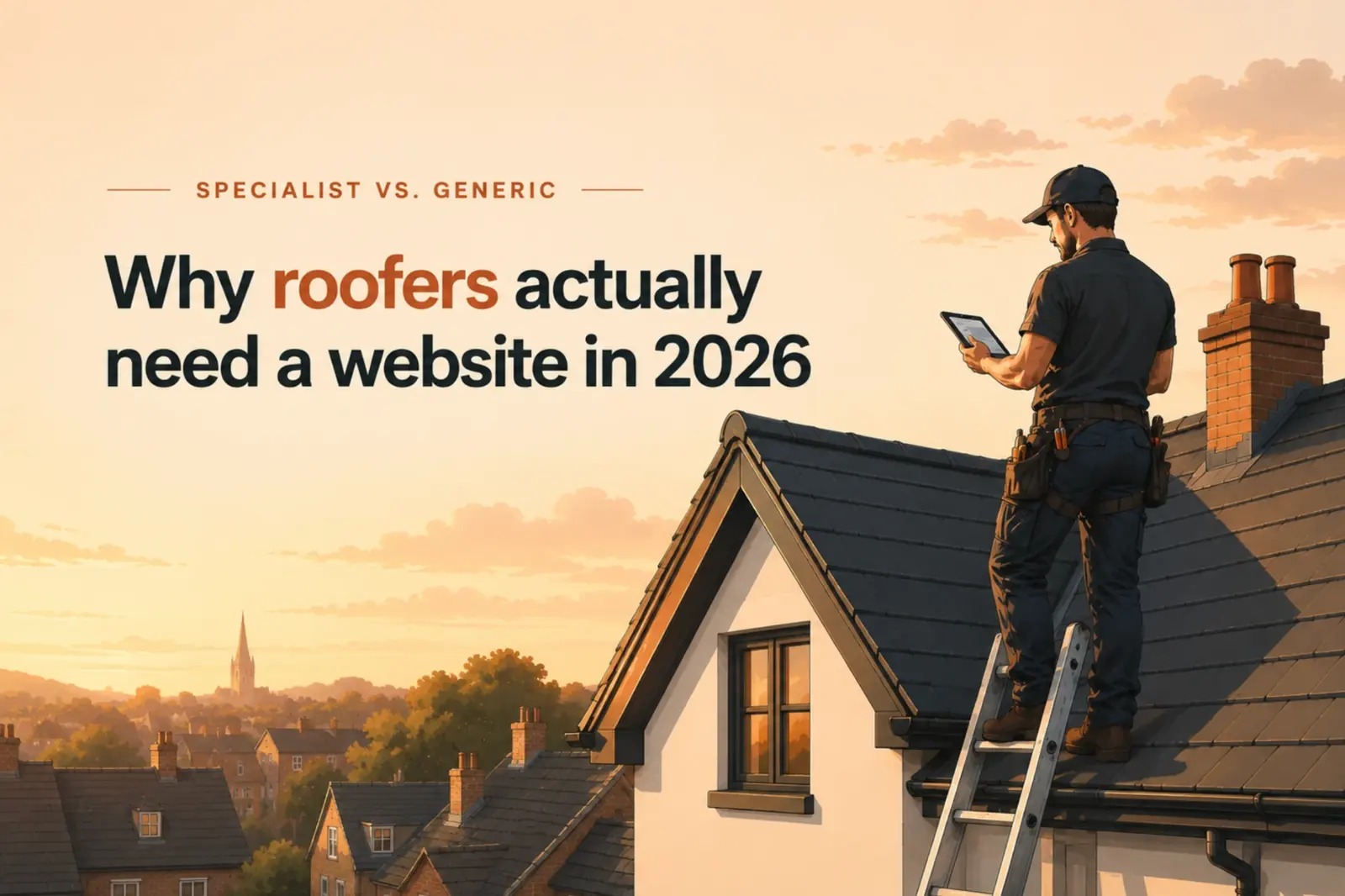 Why roofers actually need a website — a roofer checks a tablet on a rooftop at sunset