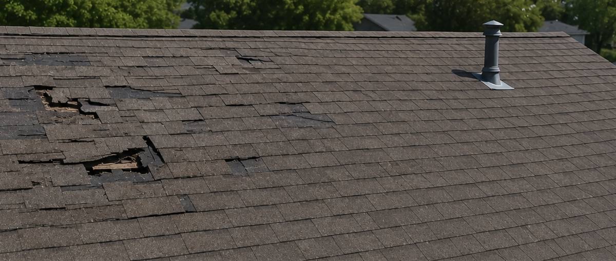 Same shingle roof with storm-damaged, missing shingles before repair