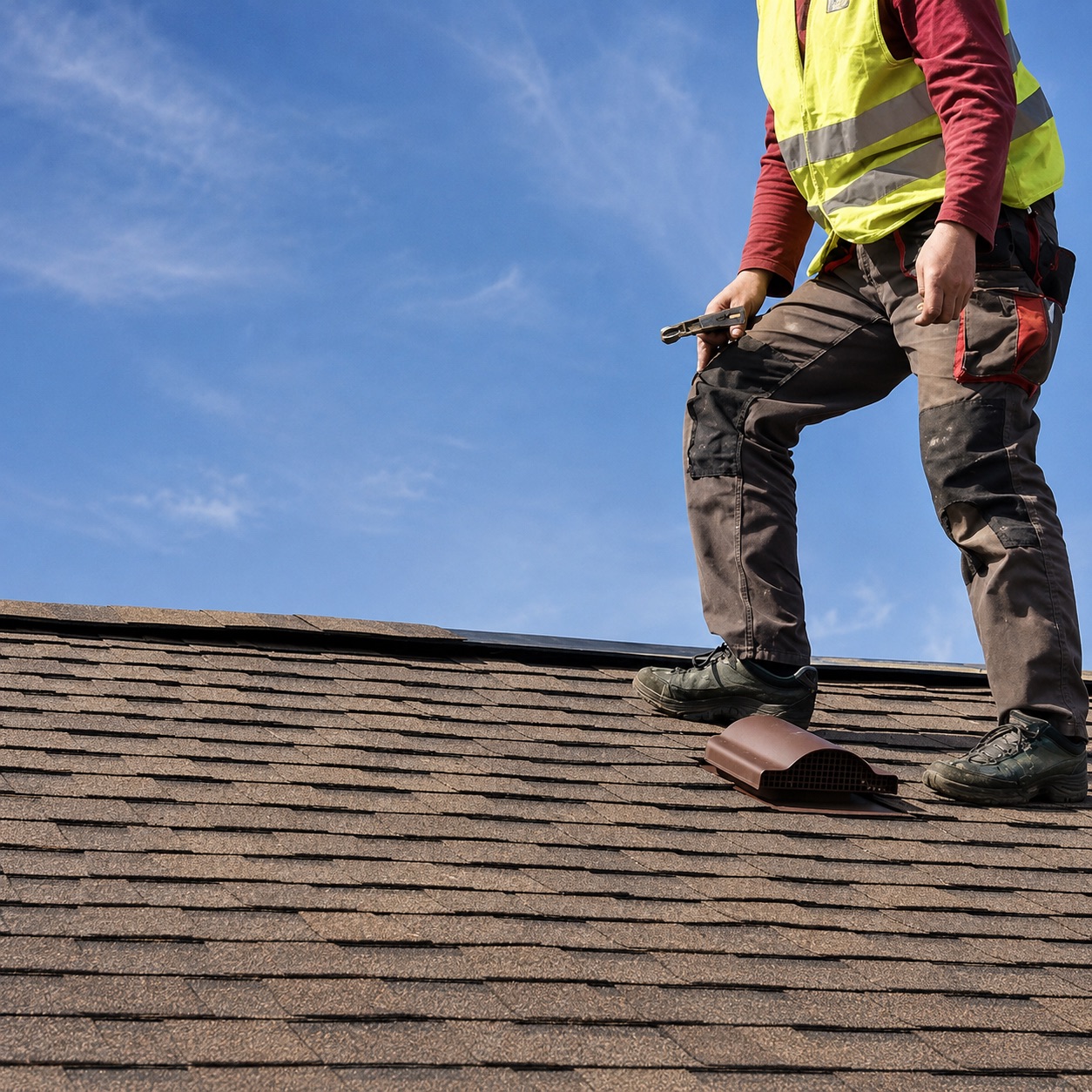 Apex roofer inspecting shingles on a pitched roof against a clear blue sky