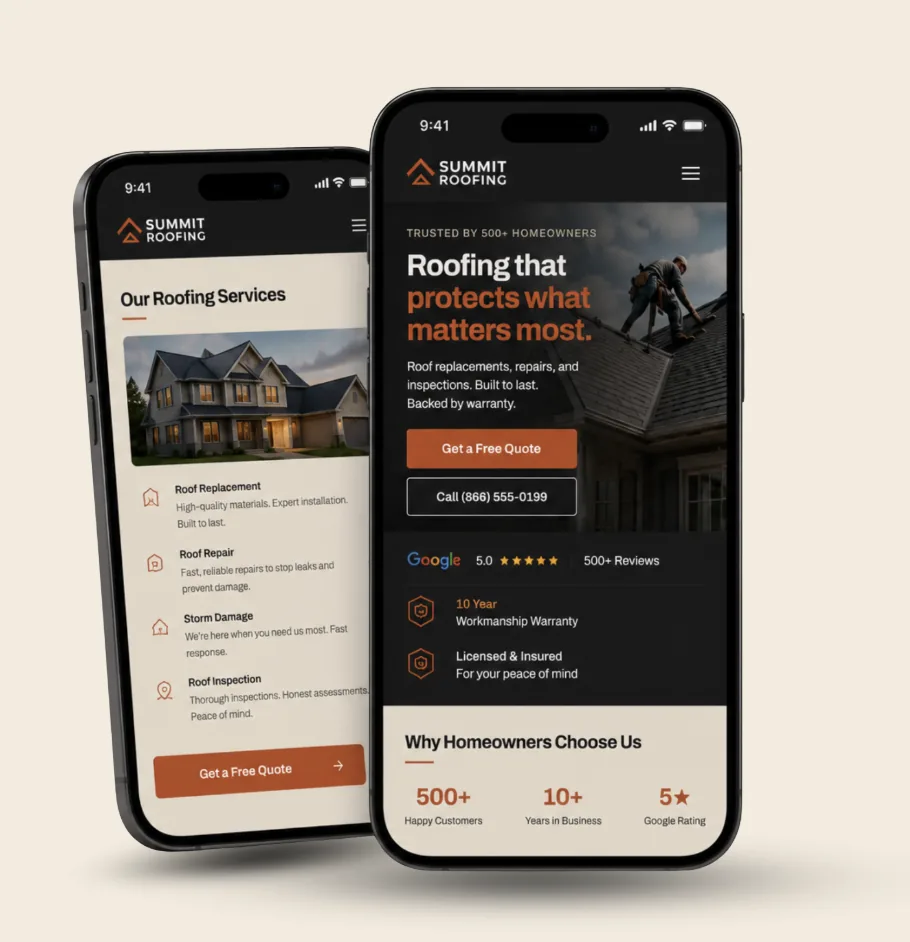 Example roofer website shown on two phones
