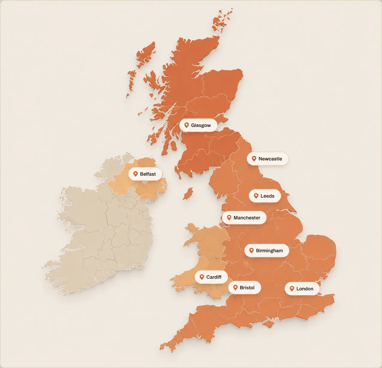 Map of the UK showing our roofing website coverage
